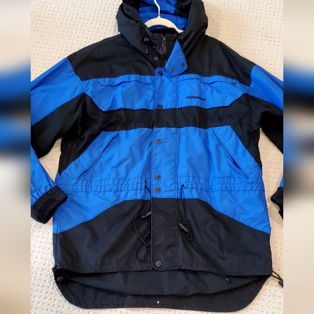 Edelweiss Vtg 80/90's Longline Blue/Black Ski Jacket, Hood/Vents, Mn XL, EUC